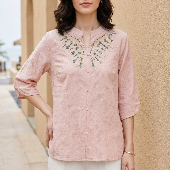 Duttini | Elegant Embroidered Notch Neck Relaxed Everyday Blouse