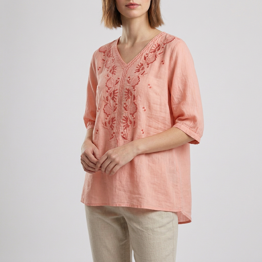 Duttini | Refined Relaxed V-Neck Blouse With Embroidered Floral Accents And High-Low Hem