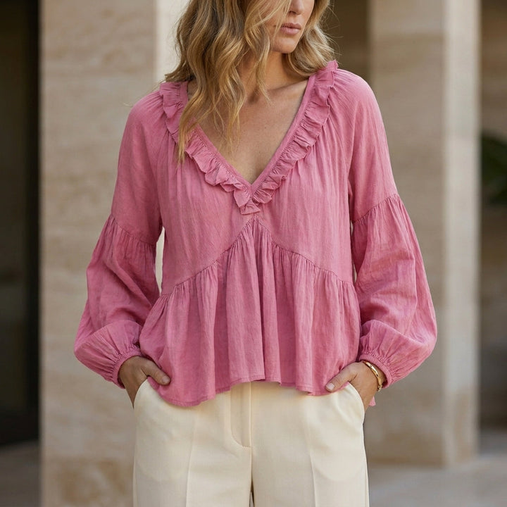 Duttini | Elegant Ruffle Trim V-Neck Peplum Blouse