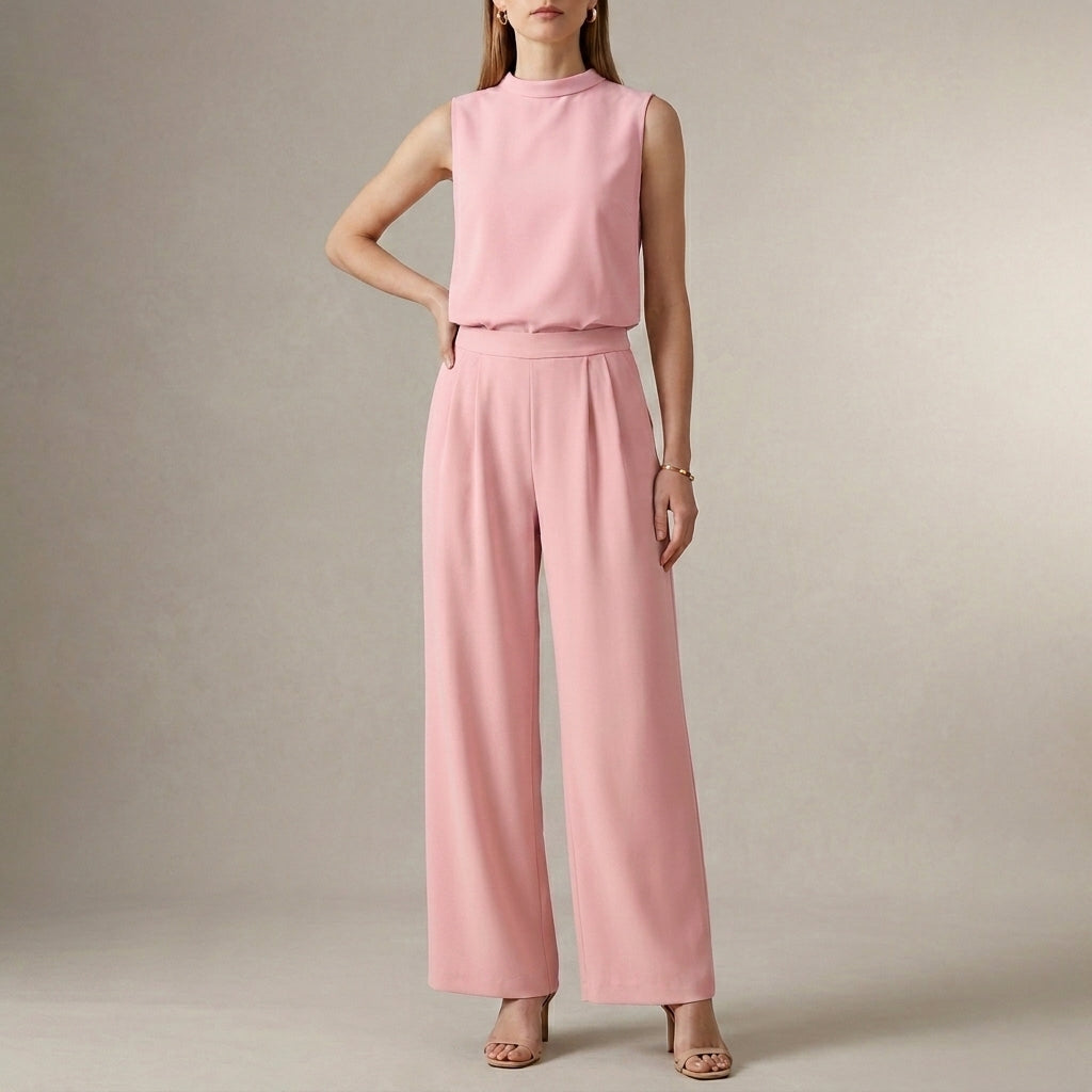 Duttini | Flowing Tailored Sleeveless Mock-Neck Top With High-Waisted Wide-Leg Trousers Set