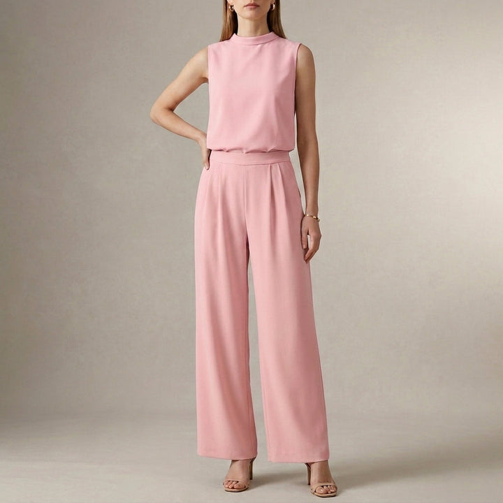 Duttini | Flowing Tailored Sleeveless Mock-Neck Top With High-Waisted Wide-Leg Trousers Set