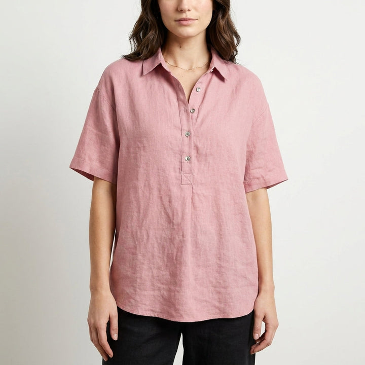 Duttini | Elegant Relaxed Button Front Collared Short Sleeve Blouse