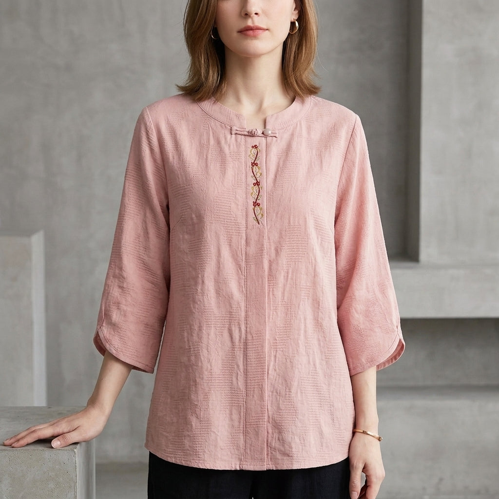 Duttini | Feminine Bohemian Embroidered Blouse With Relaxed Fit And Tassel Tie Detail