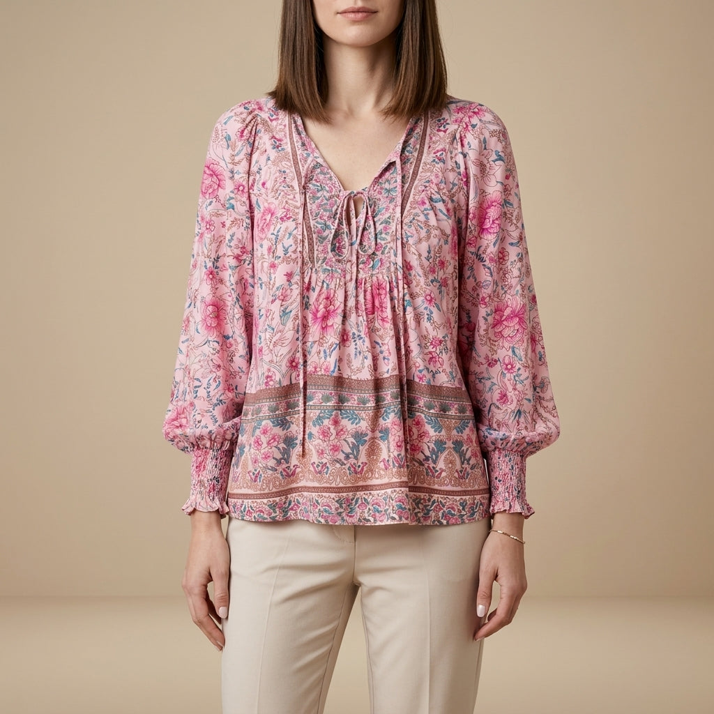 Duttini | Flowing Bohemian Floral Patchwork Peasant Blouse With Tassel Tie Neck