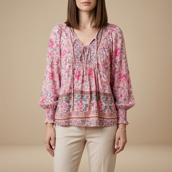 Duttini | Flowing Bohemian Floral Patchwork Peasant Blouse With Tassel Tie Neck