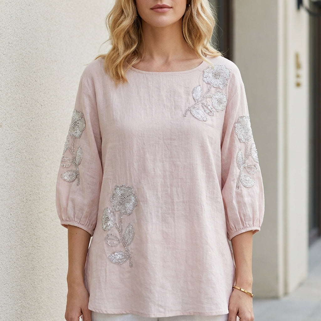 Duttini | Modern Blooming Grace Embroidered Relaxed Tunic Blouse