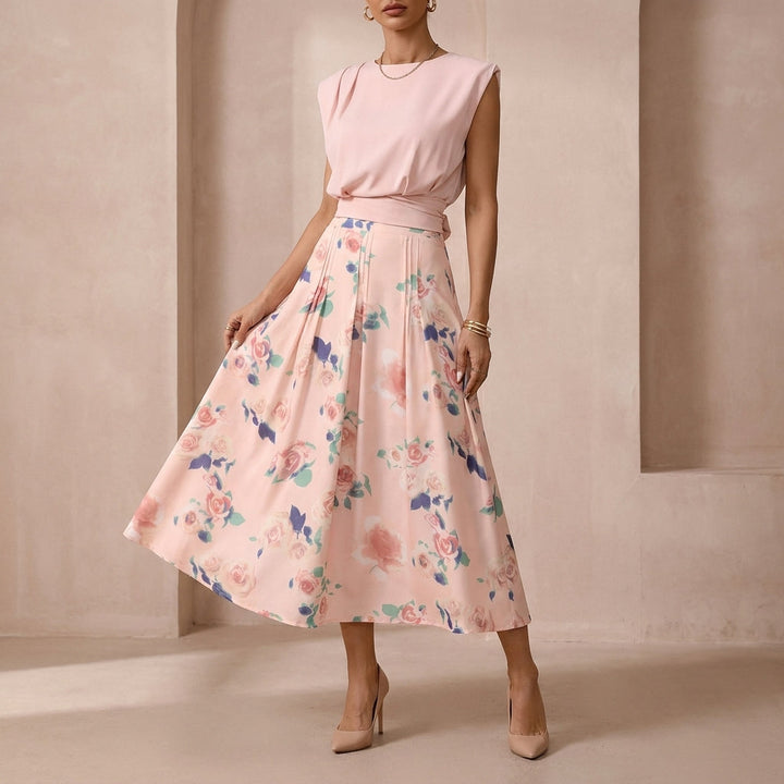 Duttini | Graceful Two-Piece Set With Round Neck Top And Pleated Midi Skirt
