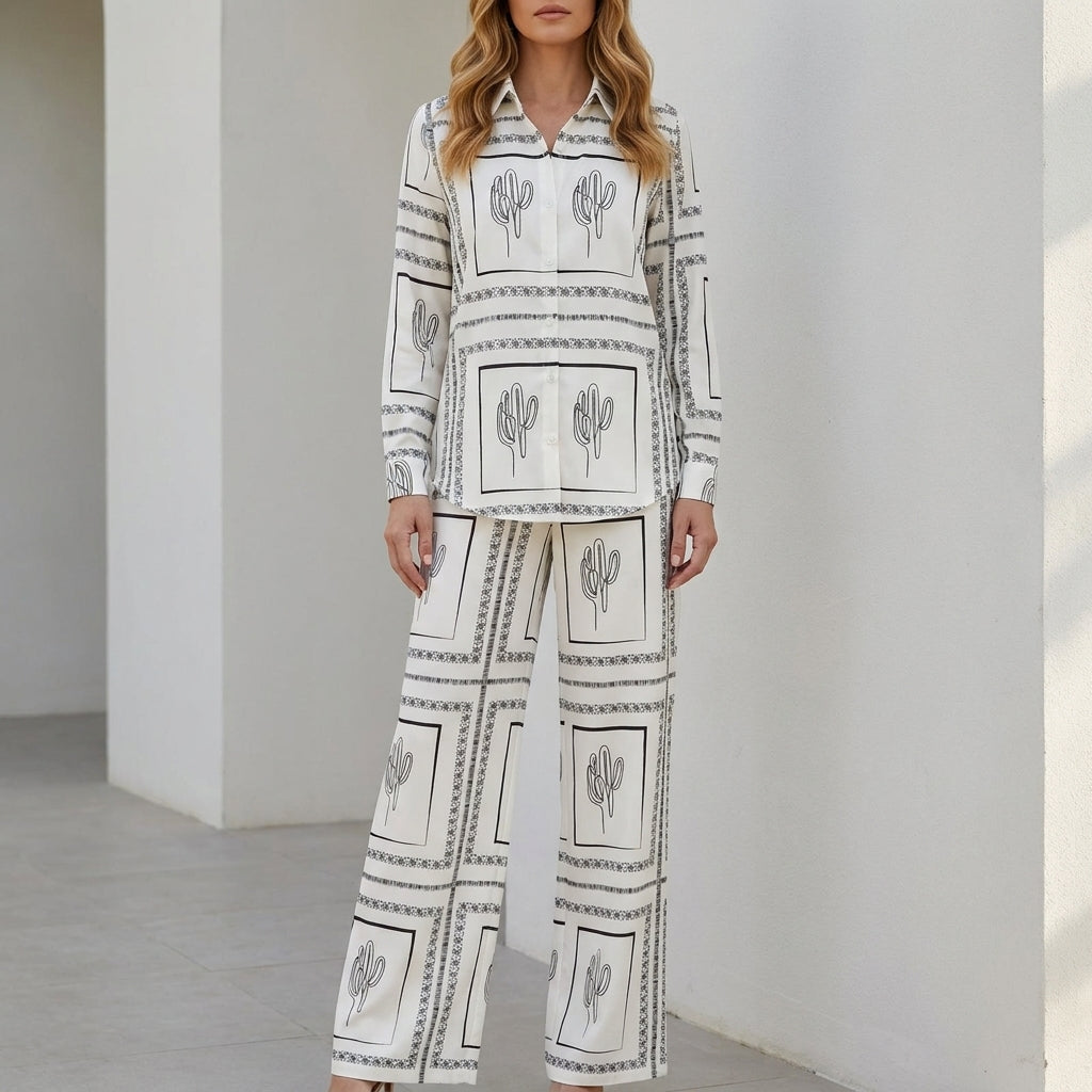 Duttini | Effortless Desert Sketch Print Relaxed Shirt And Wide-Leg Pants Set