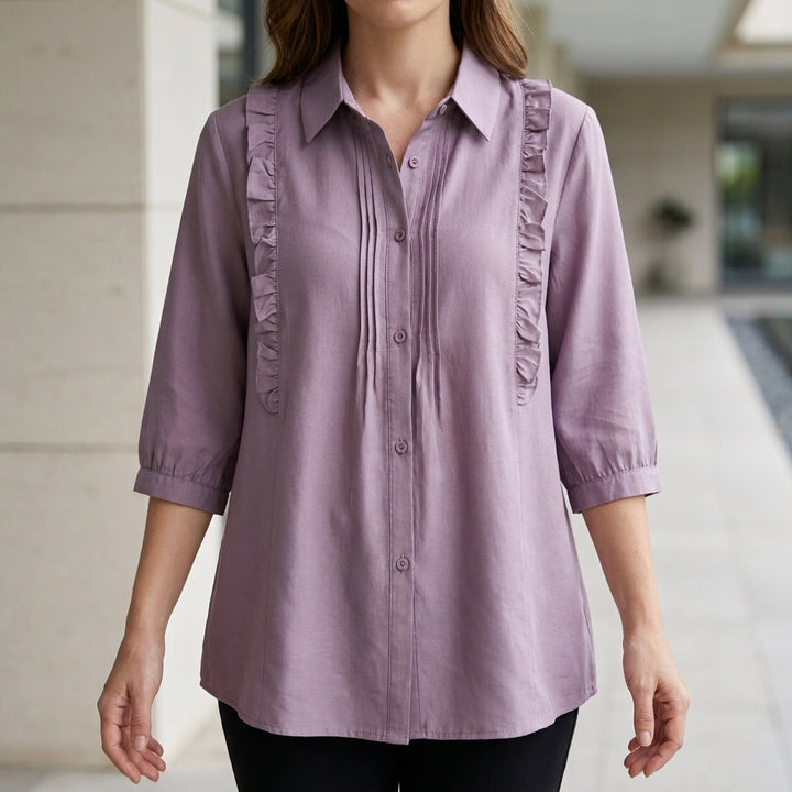 Duttini | Flowing Ruffle Detail Button-Up Blouse With Relaxed Elegant Fit