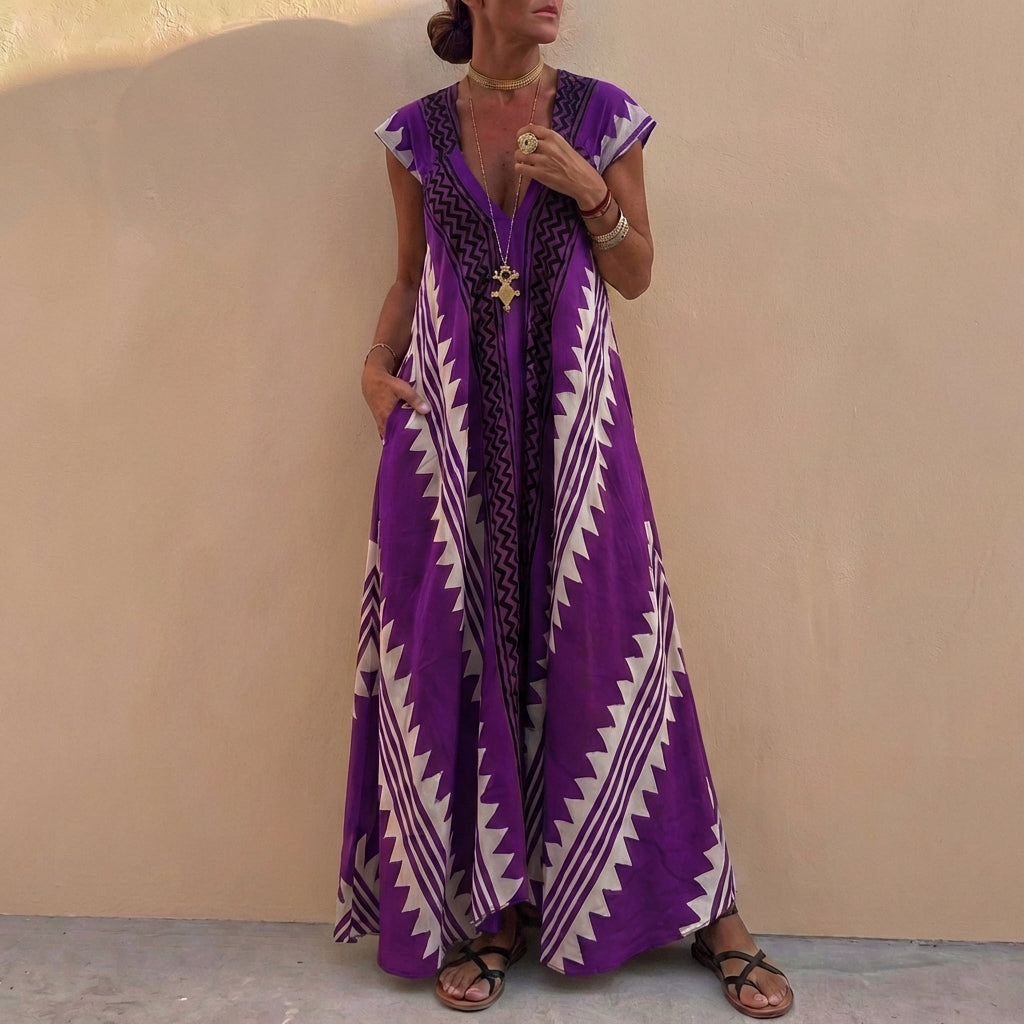 Duttini | Flowing Bohemian-Inspired Flowing A-Line Maxi Dress With Deep V-Neck And Geometric Motifs