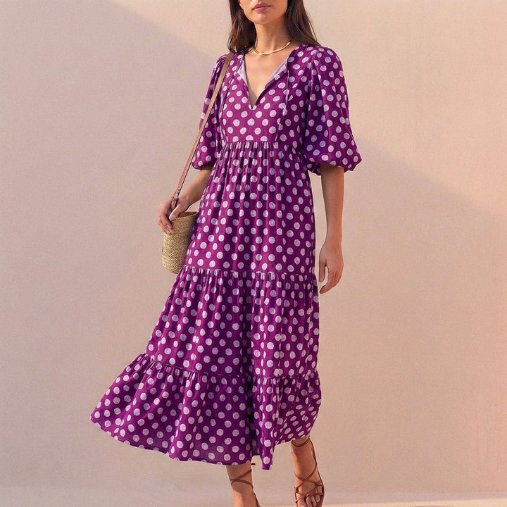 Duttini | Elegant Flowing V-Neck Midi Dress With Puff Sleeves And Tiered Skirt