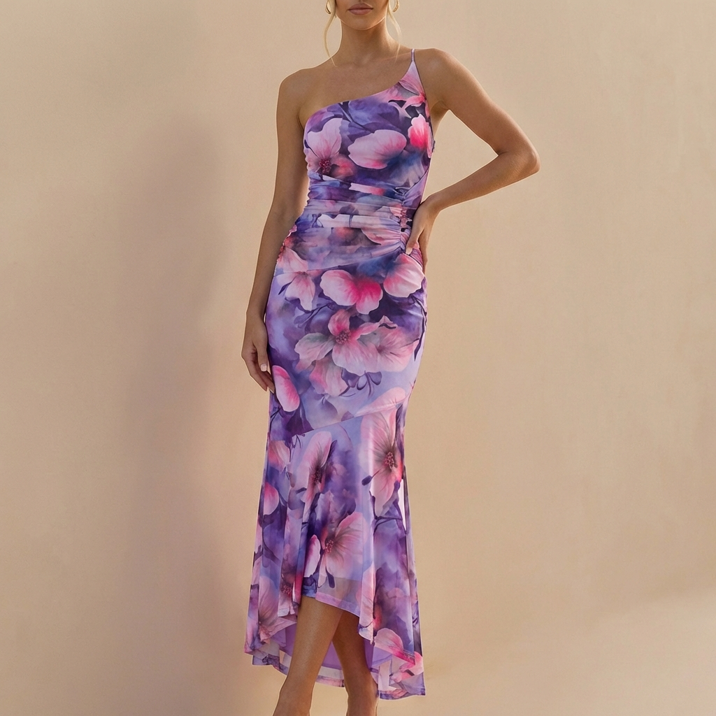 Duttini | Sophisticated Fitted One-Shoulder Mesh Overlay Maxi Dress With Ruched Detail