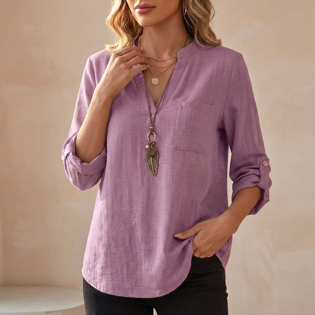 Duttini | Chic Relaxed V-Neck Cotton Linen Tunic Blouse With Roll-Up Sleeves