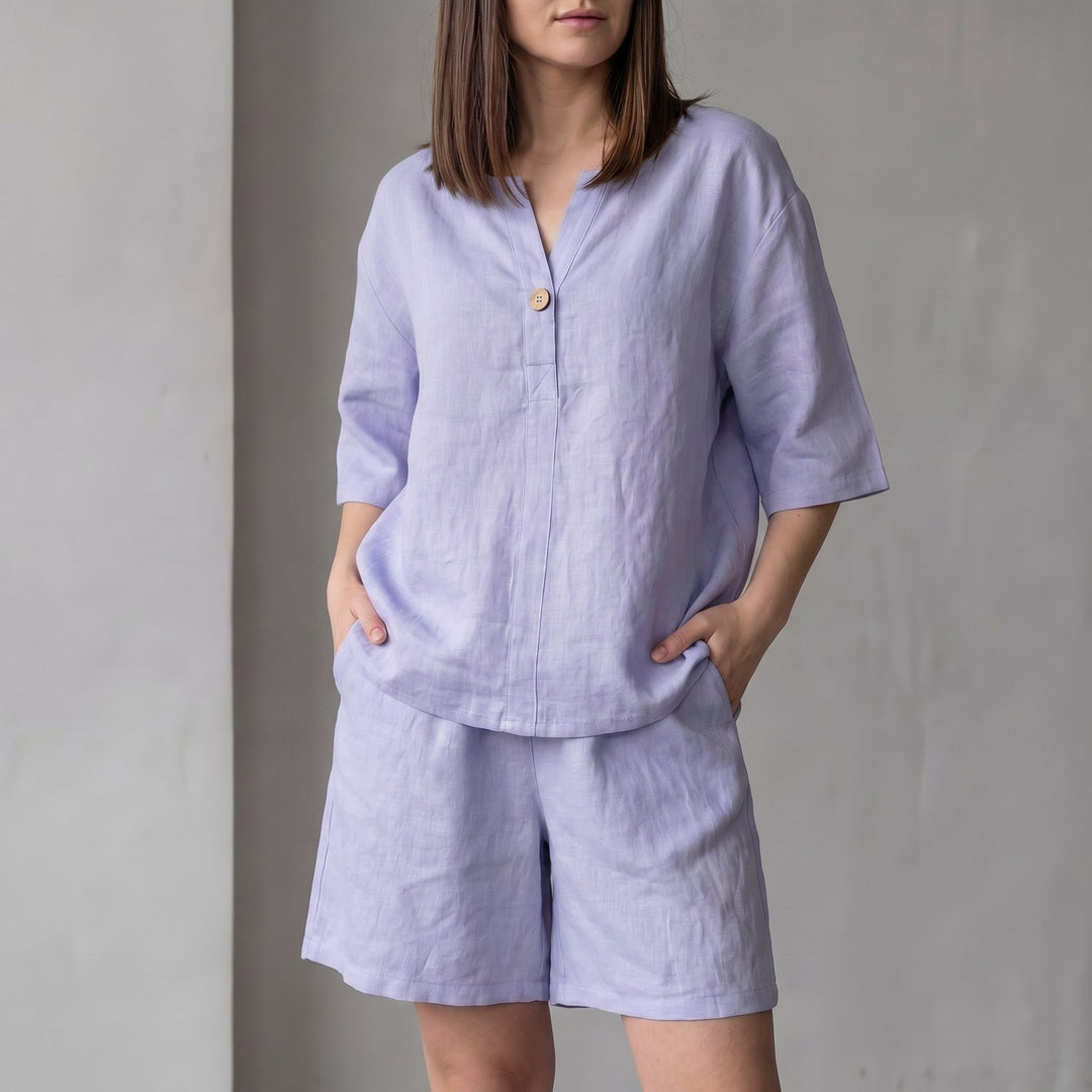 Duttini | Luxe Oversized Woven Two-Piece Set With V-Neck Shirt And High-Waist Shorts