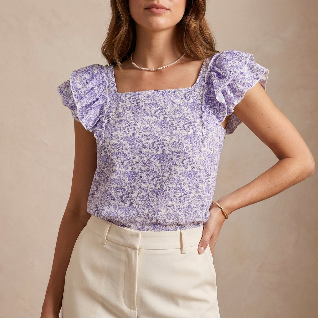 Duttini | Flowing Relaxed Floral Print Ruffle Blouse With Square Neck And Back Bow Closure