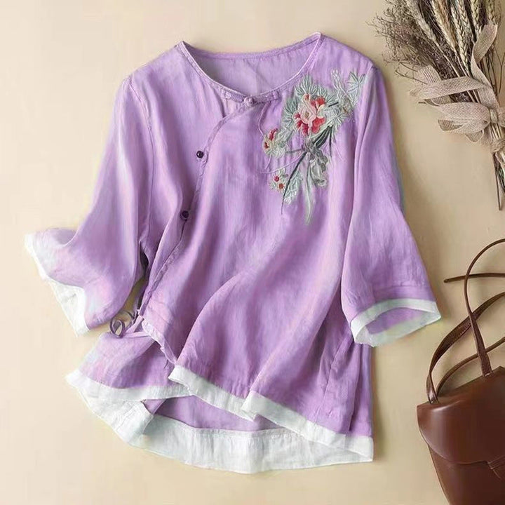 Duttini | Feminine Embroidered Artisan Kimono-Style Linen Blend Blouse