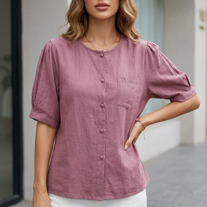Duttini | Sophisticated Relaxed Button-Up Blouse With Soft Short Sleeves And Front Pocket
