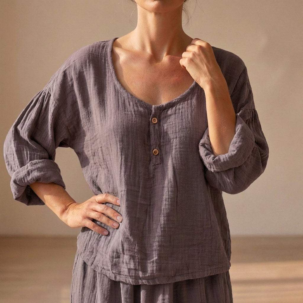 Duttini | Chic Relaxed V-Neck Cotton Blend Blouse With Textured Volume Sleeves