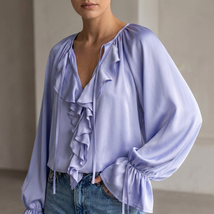 Duttini | Modern Relaxed Ruffled Horn Sleeve Blouse With Lace-Up V-Neck Detail