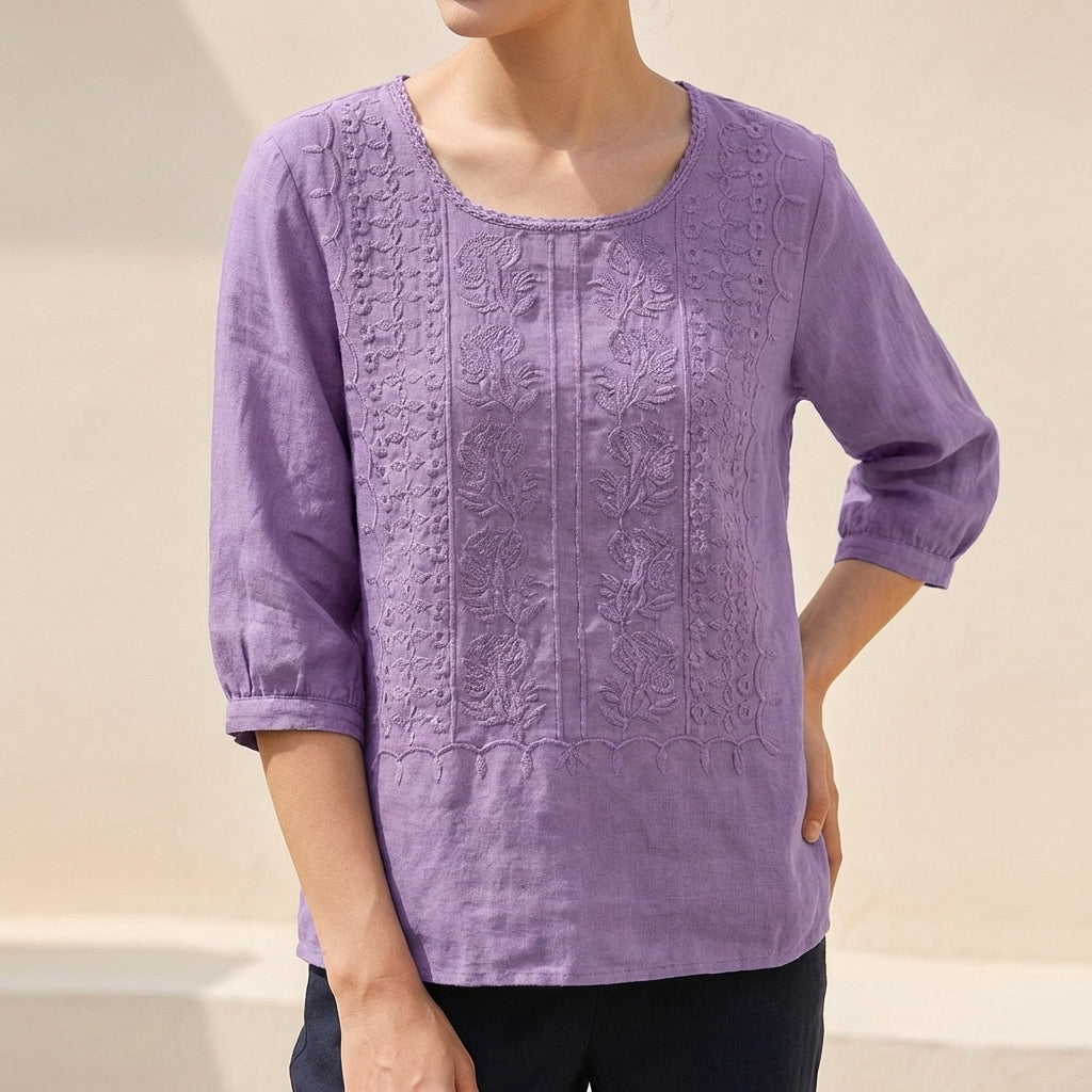 Duttini | Chic Relaxed Embroidered Blouse With Lace Trim And Pintuck Detail