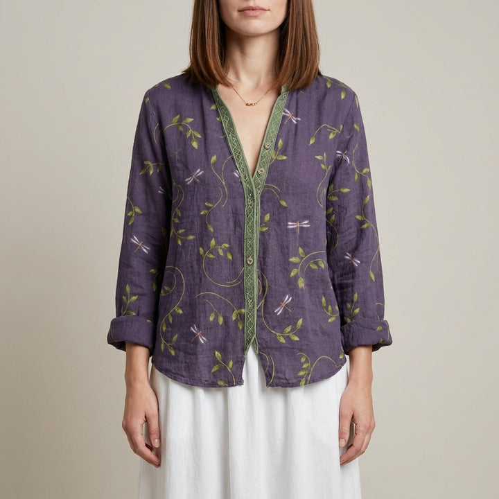 Duttini | Sophisticated Botanical Print Relaxed Blouse With Embroidered V-Neck Detail