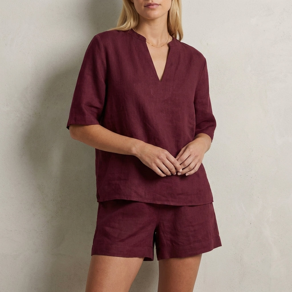 Duttini | Sculpted Relaxed Two-Piece Set With Split V-Neck Top And Wide-Leg Shorts
