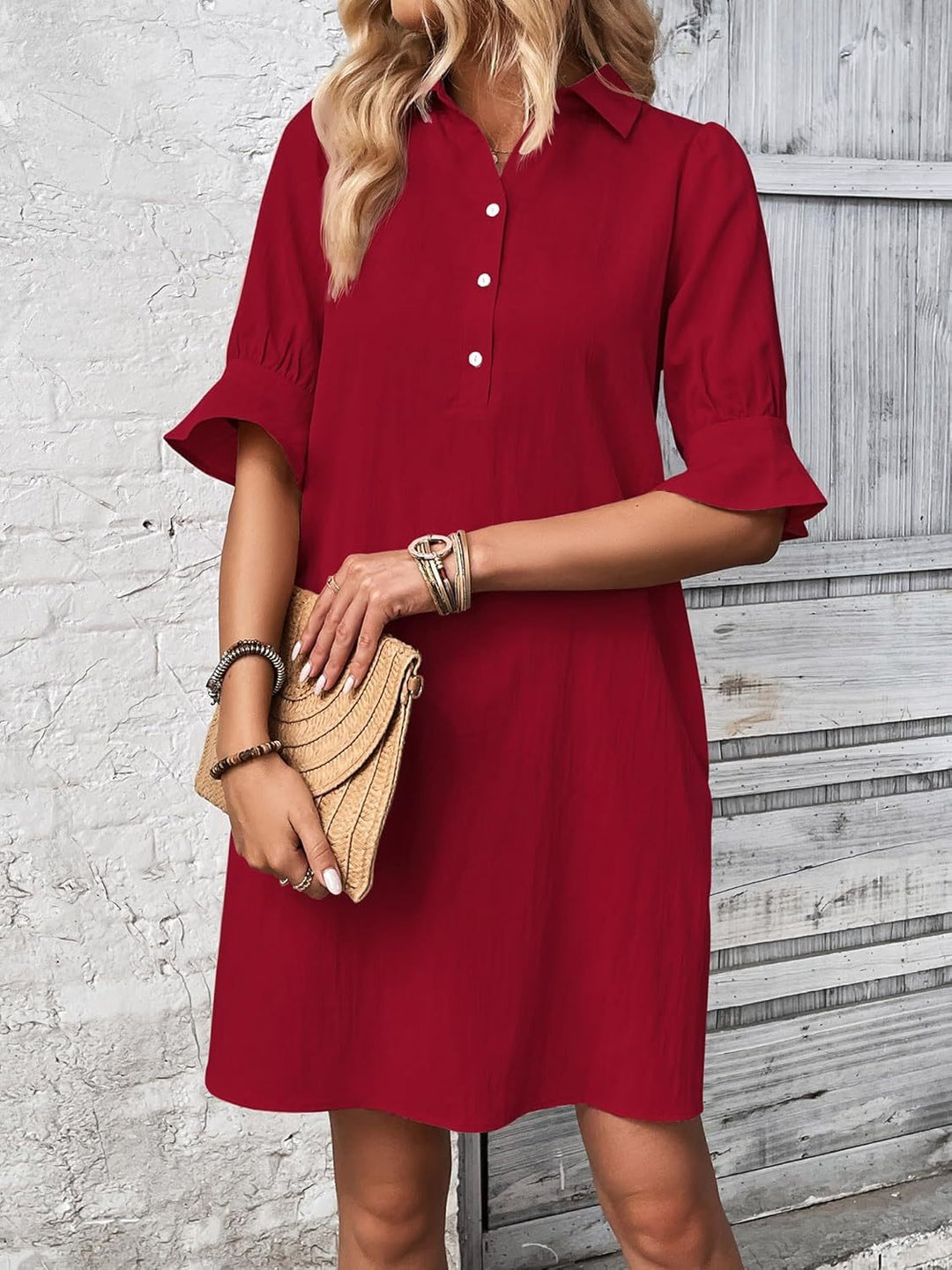 Duttini | Modern Button-Down Shirt Dress 3/4 Sleeve Knee Length