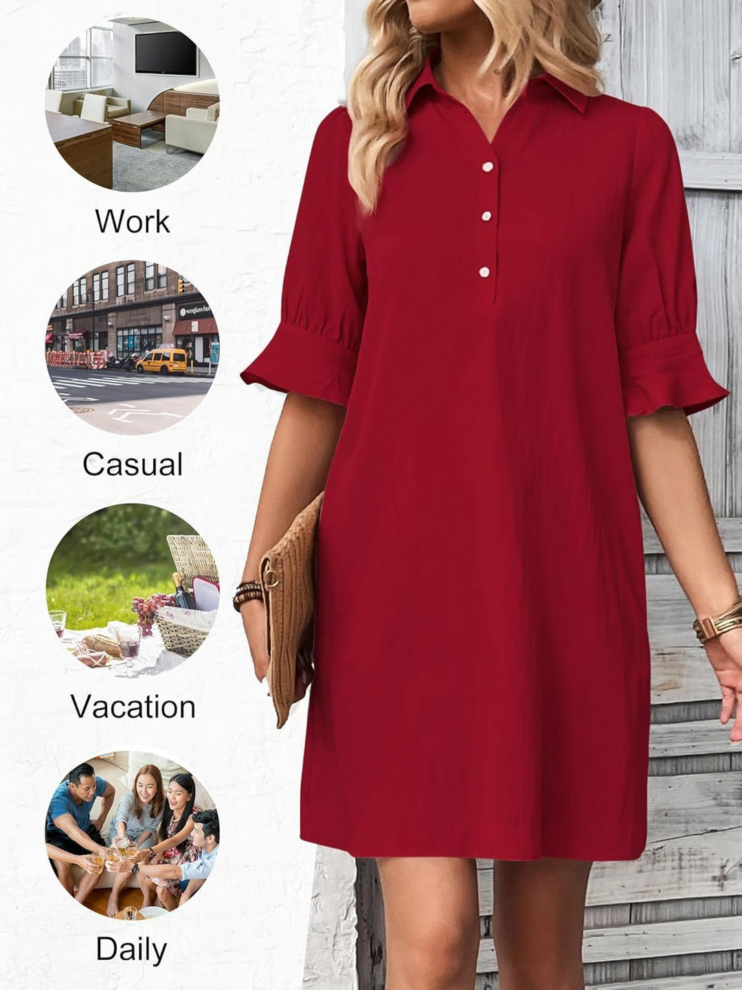Duttini | Modern Button-Down Shirt Dress 3/4 Sleeve Knee Length