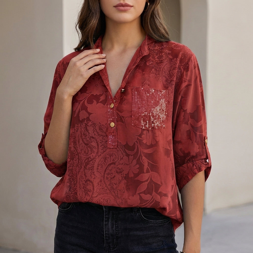 Duttini | Statement Relaxed Floral Burnout Blouse With Adjustable Roll-Tab Sleeves