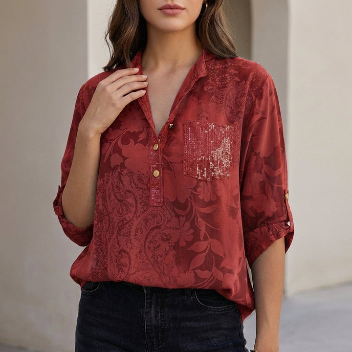 Duttini | Statement Relaxed Floral Burnout Blouse With Adjustable Roll-Tab Sleeves