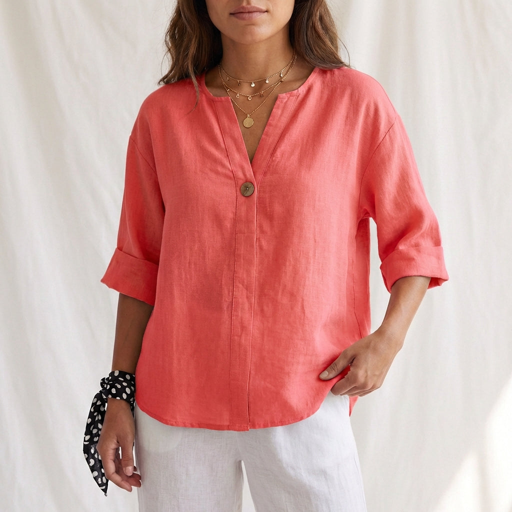 Duttini | Flowing Cotton Linen V-Neck Blouse With Button Front And Cuffed Sleeves