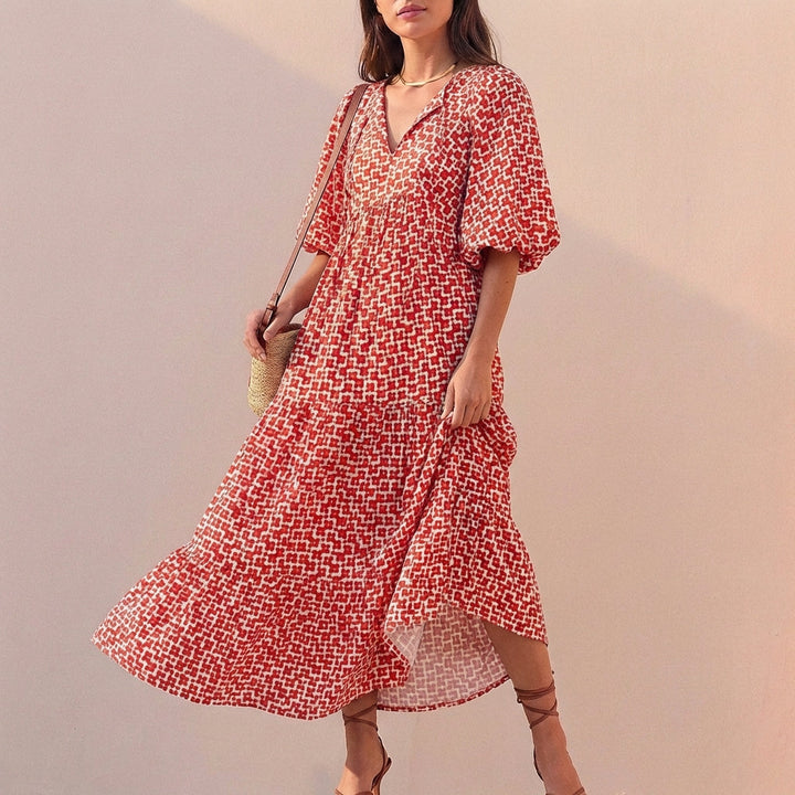 Duttini | Elegant Flowing V-Neck Midi Dress With Puff Sleeves And Tiered Skirt