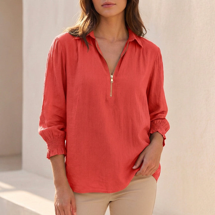Duttini | Modern Linen Oversized Zip-Up Blouse With Gathered Cuffs And Relaxed Silhouette