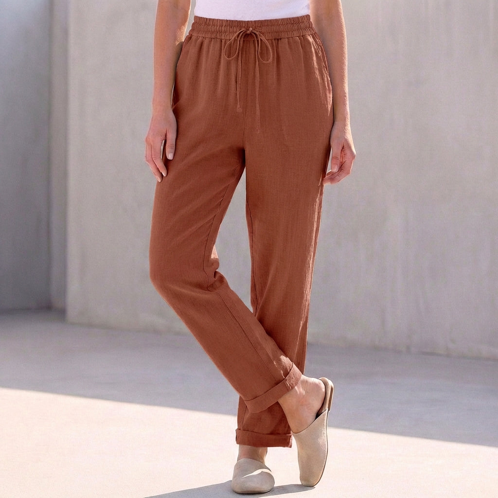 Duttini | Modern Relaxed Fit Cotton Linen Ankle-Length Pants With Drawstring Waist