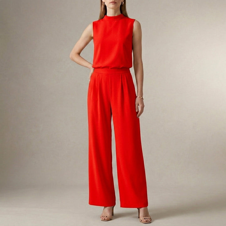 Duttini | Flowing Tailored Sleeveless Mock-Neck Top With High-Waisted Wide-Leg Trousers Set