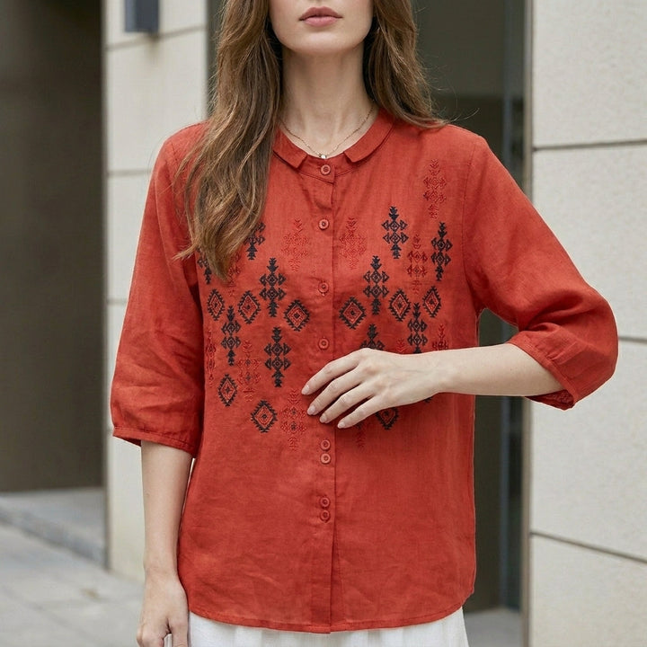 Duttini | Elegant Embroidered Geometric Button-Down Blouse With Stand Collar And Relaxed Fit