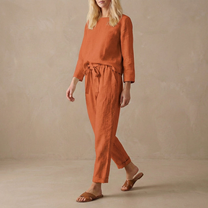 Duttini | Luxe Relaxed Linen Two-Piece Set With Boat Neck Blouse And Drawstring Pants