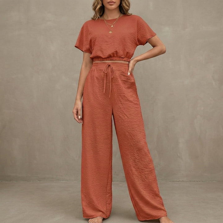 Duttini | Timeless Coastal Breeze Textured Two-Piece Lounge Set With Wide-Leg Pants