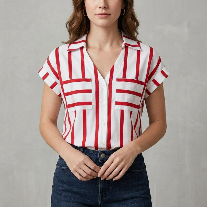 Duttini | Timeless Harbor Breeze Striped Relaxed Button-Front Blouse