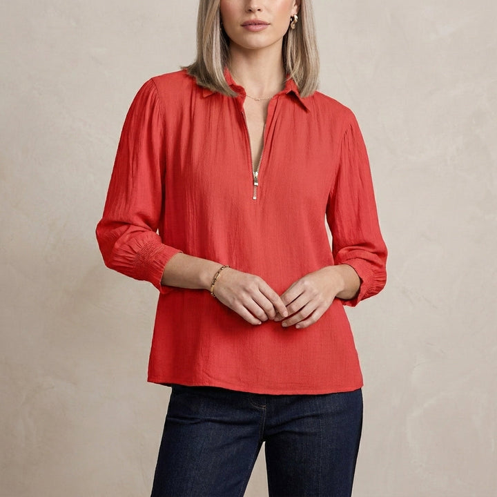 Duttini | Chic Relaxed Fit Half-Zip Pullover Blouse With Gathered Shoulders