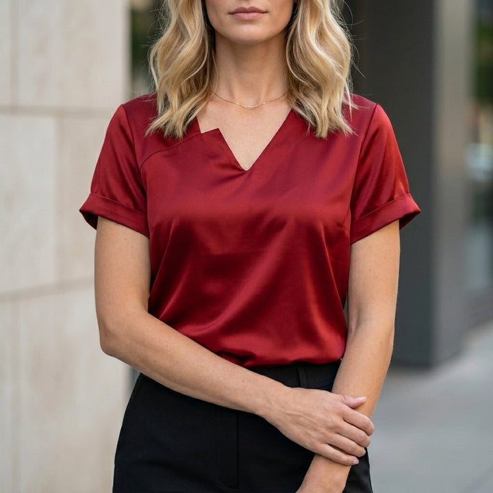 Duttini | Chic Notched V-Neck Satin Blouse With Short Sleeves