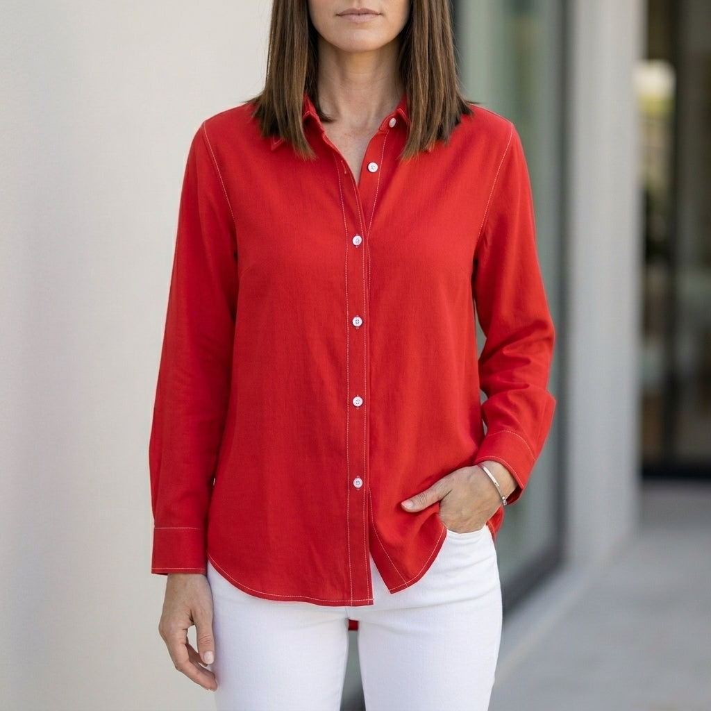Duttini | Flowing Relaxed Button-Up Blouse With Rolled Sleeve Cuff Detail