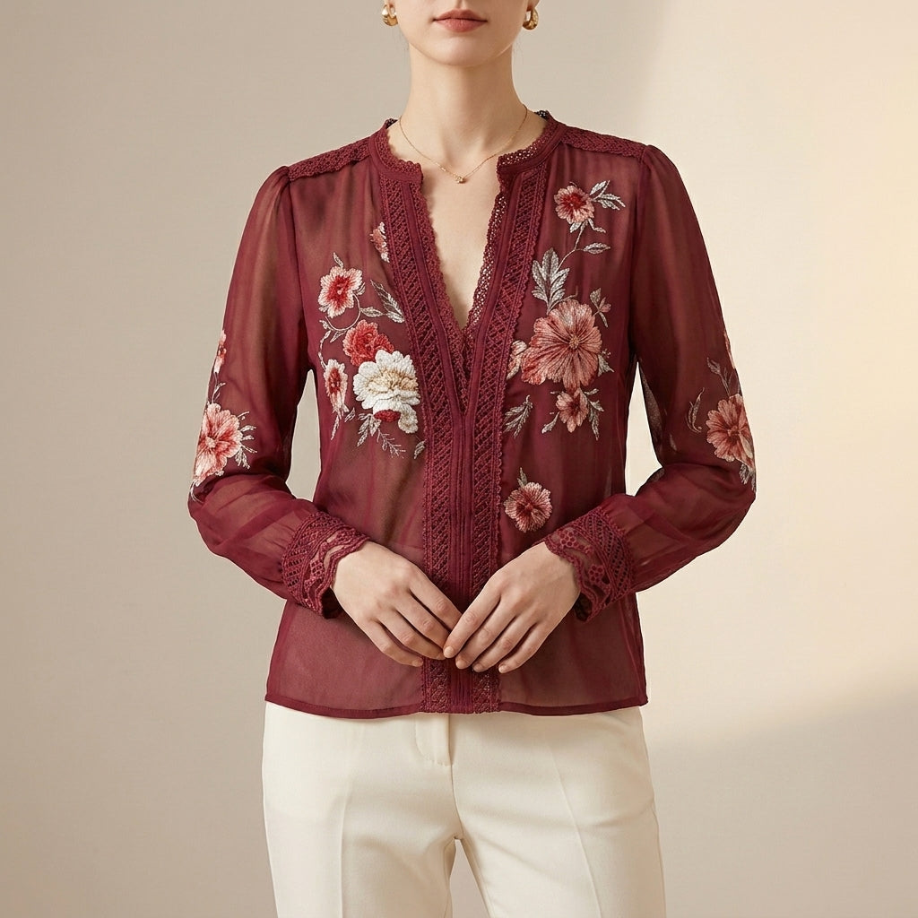 Duttini | Flowing V-Neck Floral Blouse With Delicate Lace Trim And Sheer Sleeves