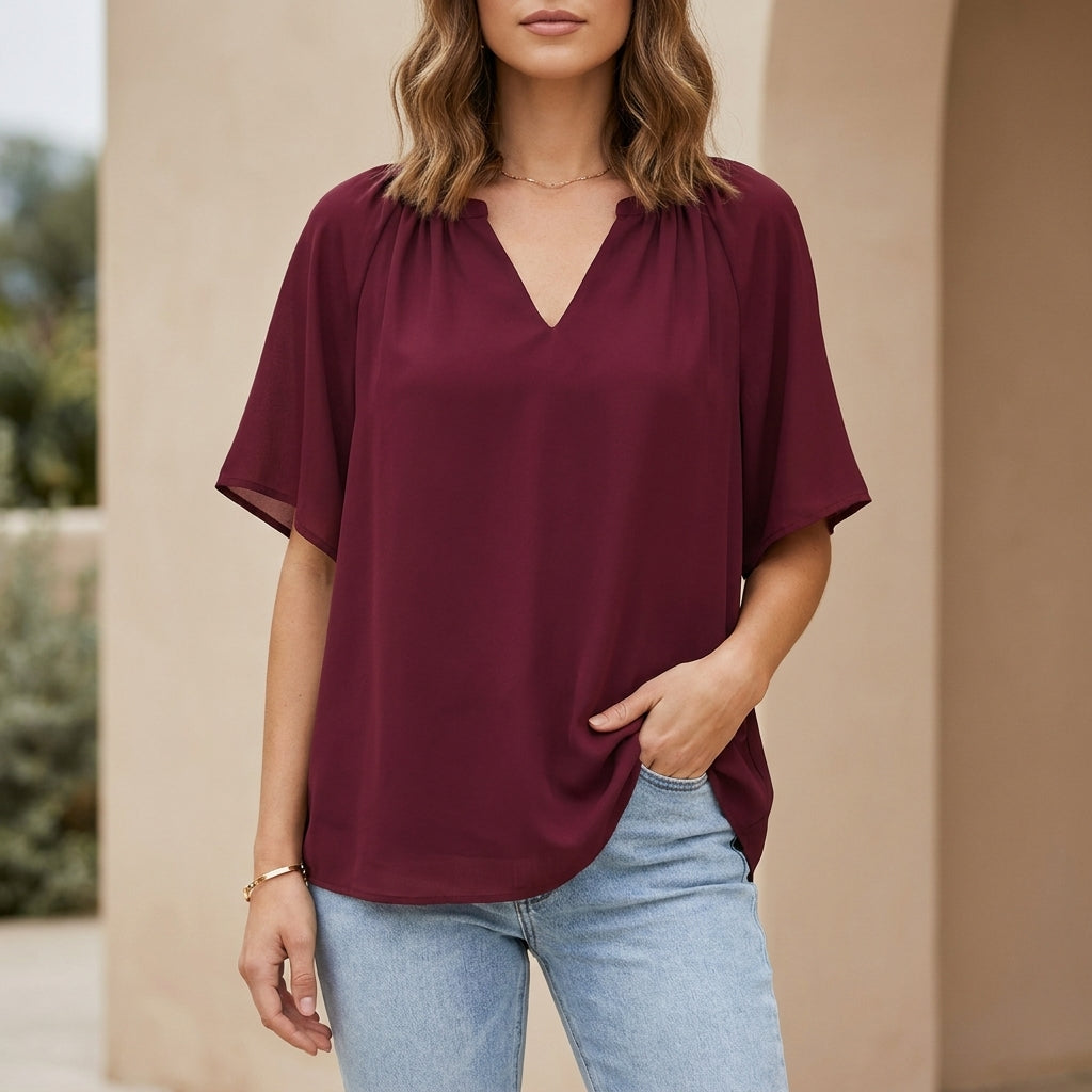 Duttini | Sculpted Relaxed V-Neck Blouse With Gathered Neckline And Flutter Sleeves