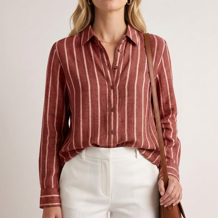 Duttini | Chic Relaxed Fit Woven Blouse With Stand Collar And Vertical Stripes