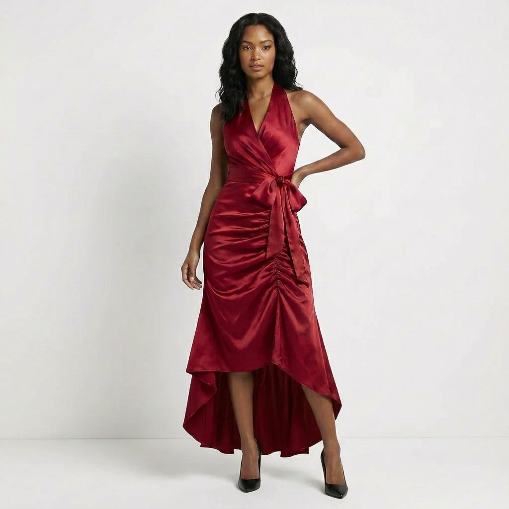 Duttini | Flowing Satin Halter Neck Wrap Maxi Dress With Bow Tie Waist And Ruffled Hem