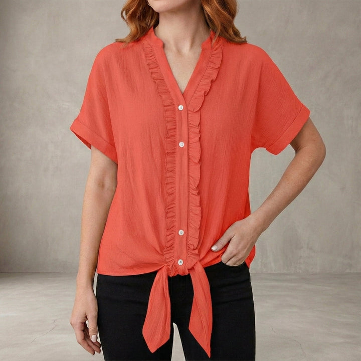 Duttini | Flowing Willow Grace Ruffle Trim Tie-Front Blouse