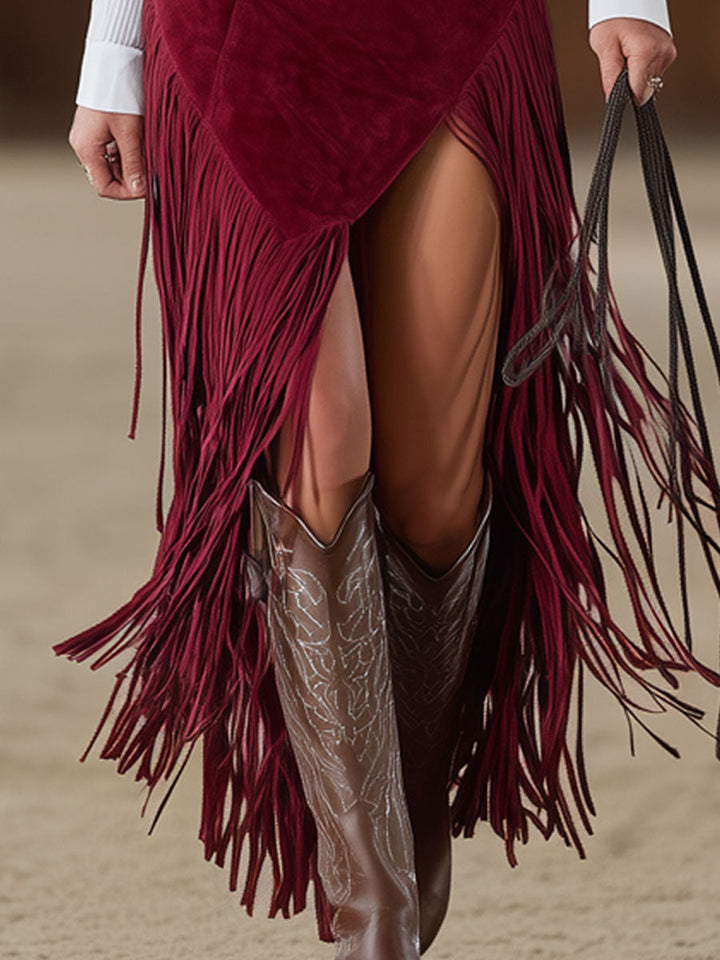 Duttini | Red Faux Suede Slit Casual Dress