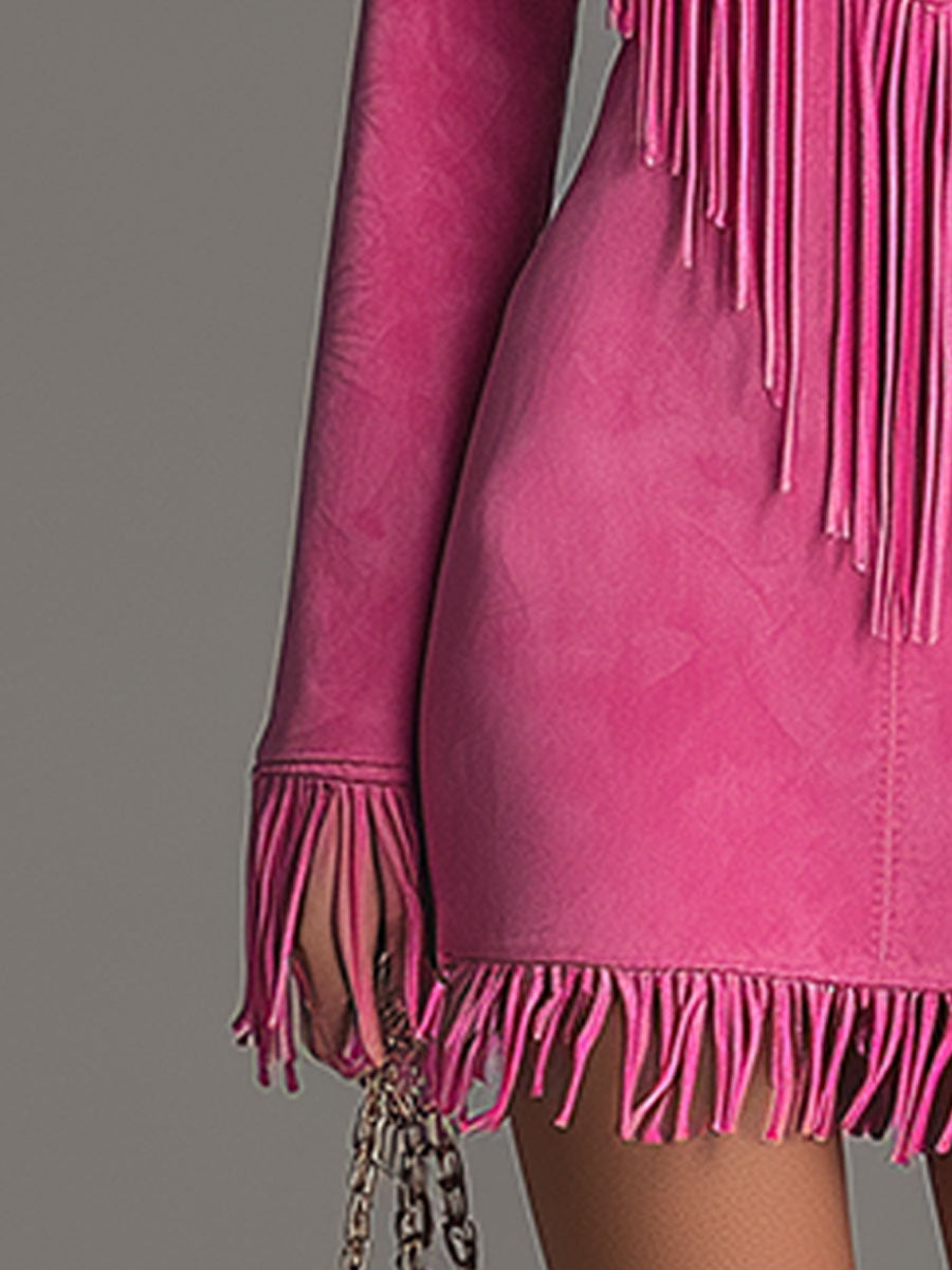 Duttini | Red Faux Suede Tassel Western Dress