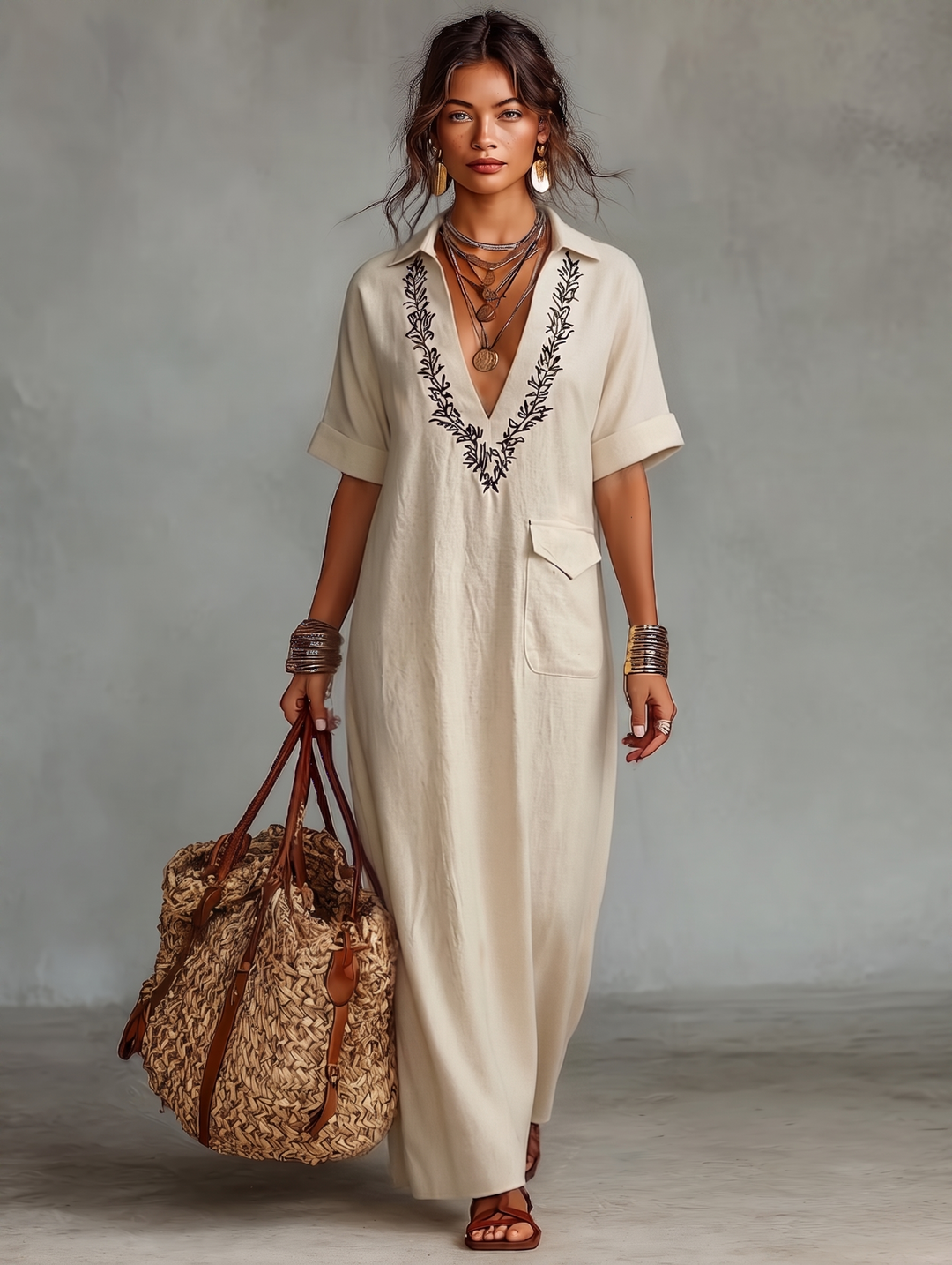 Duttini | Red Linen Embroidered Dress